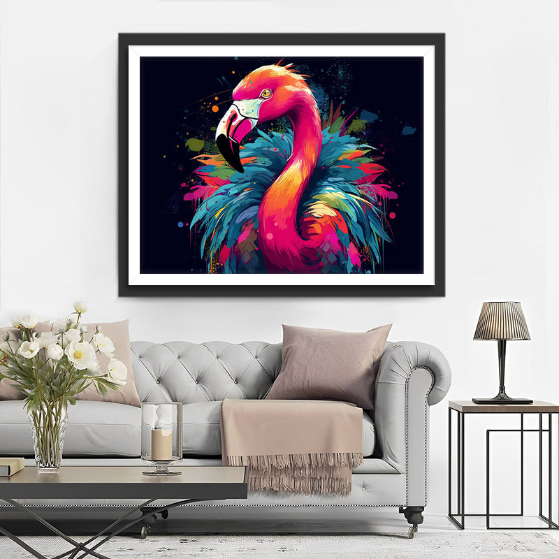 Flamant Rose Rouge avec des Plumes Colorées Broderie Diamant