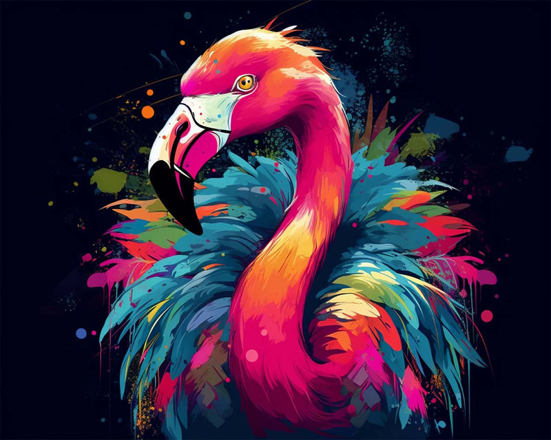 Flamant Rose Rouge avec des Plumes Colorées Broderie Diamant