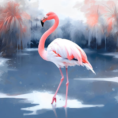 Flamant Rose sur le Lac en Hiver Broderie Diamant