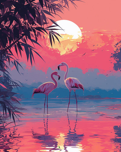 Flamingos au Coucher du Soleil Broderie Diamant