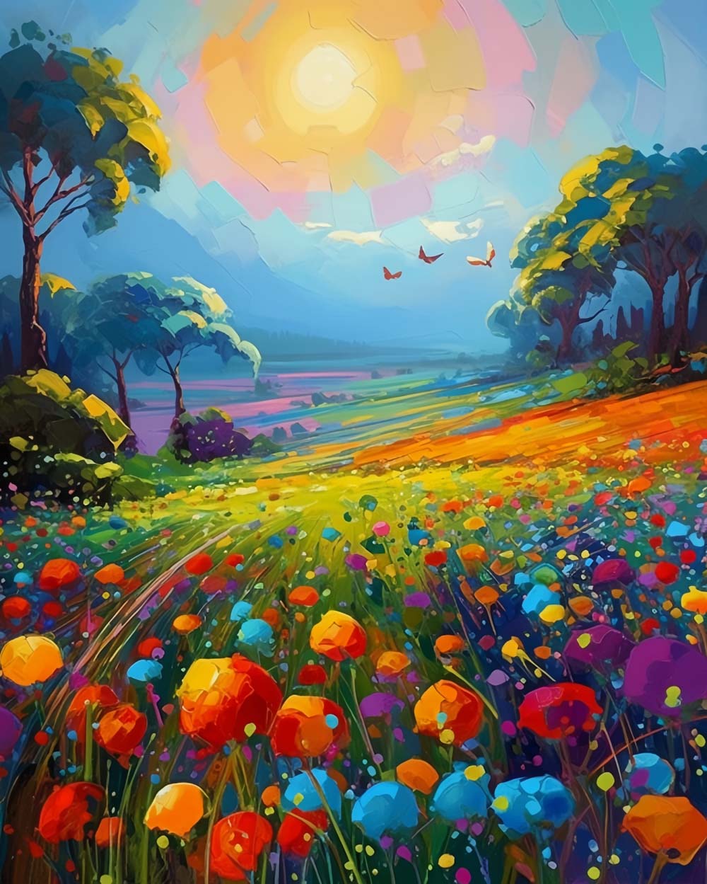 Fleurs Colorées dans le Champ Sauvage Broderie Diamant