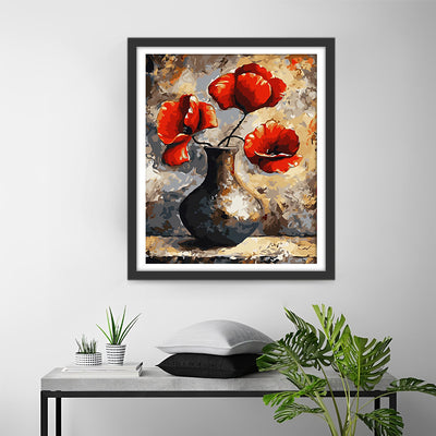 Fleurs de Coquelicot dans un Pot en Ceramique Noire Broderie Diamant