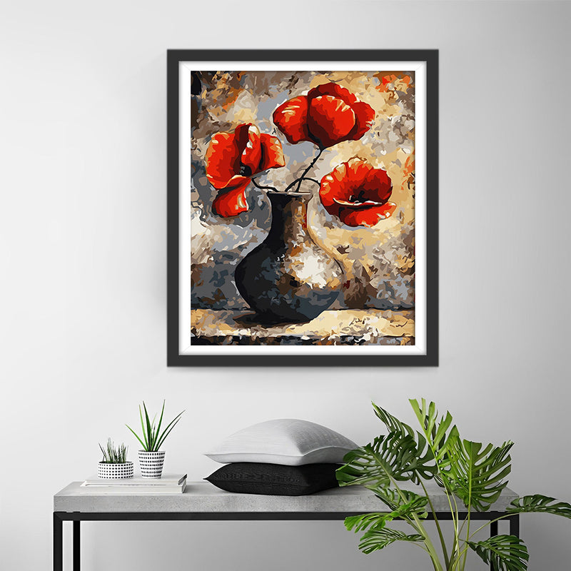 Fleurs de Coquelicot dans un Pot en Ceramique Noire Broderie Diamant