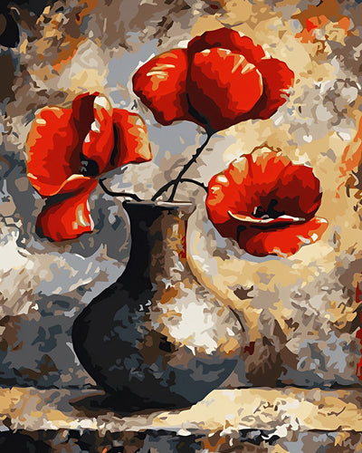 Fleurs de Coquelicot dans un Pot en Ceramique Noire Broderie Diamant