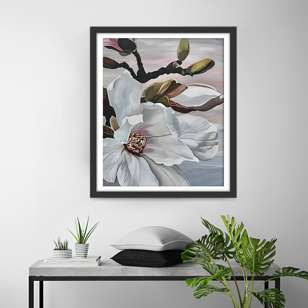 Fleurs de Magnolia Blanches sur Arbre Broderie Diamant