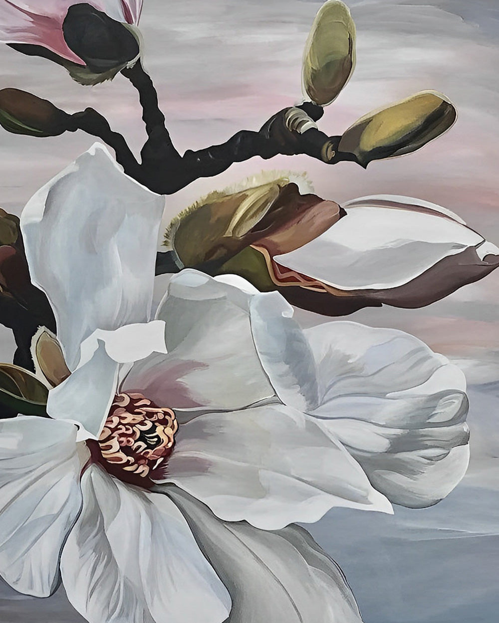 Fleurs de Magnolia Blanches sur Arbre Broderie Diamant