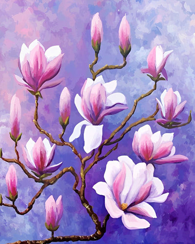 Fleurs de Magnolia Roses sur Arbre Broderie Diamant