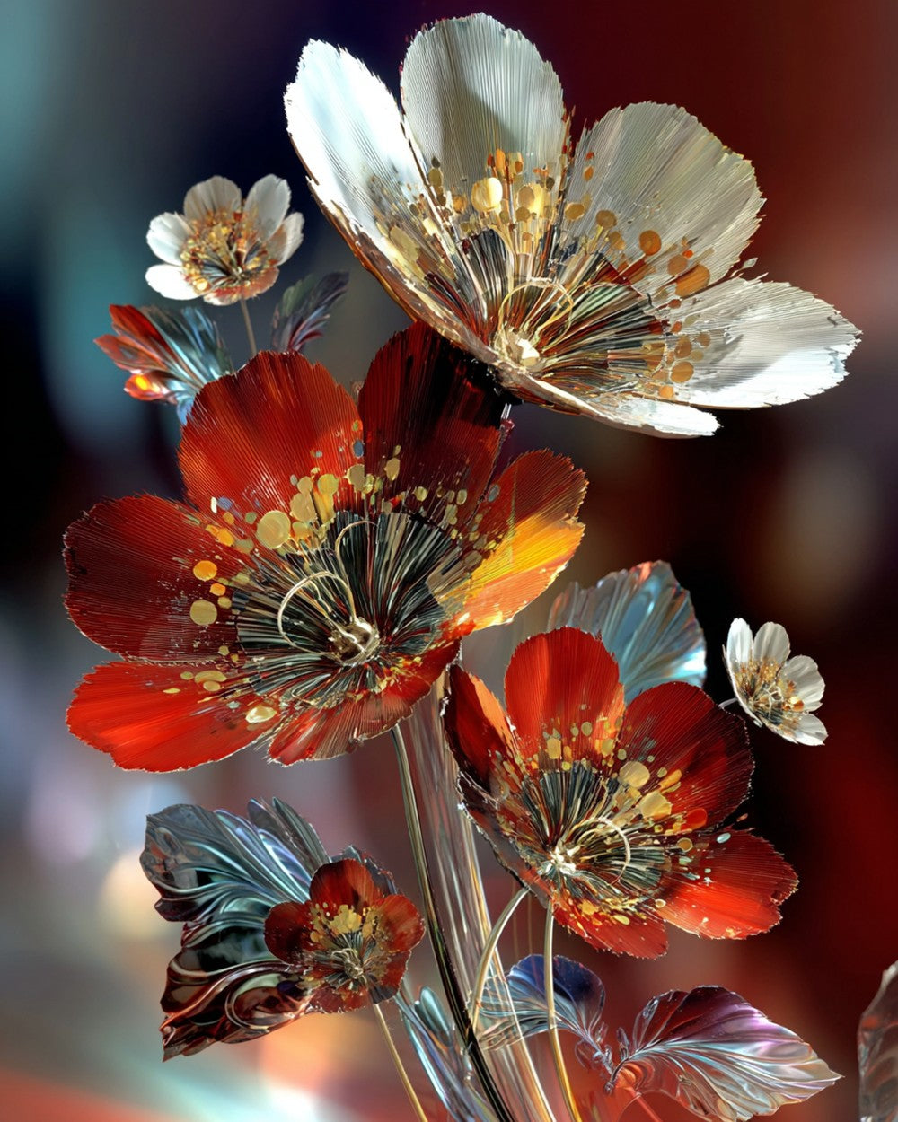 Fleurs Métalliques Rouges et Argentées Broderie Diamant