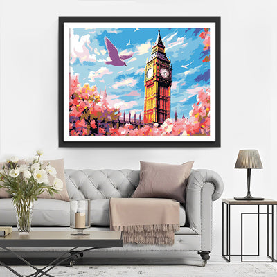 Fleurs Roses et Big Ben Broderie Diamant