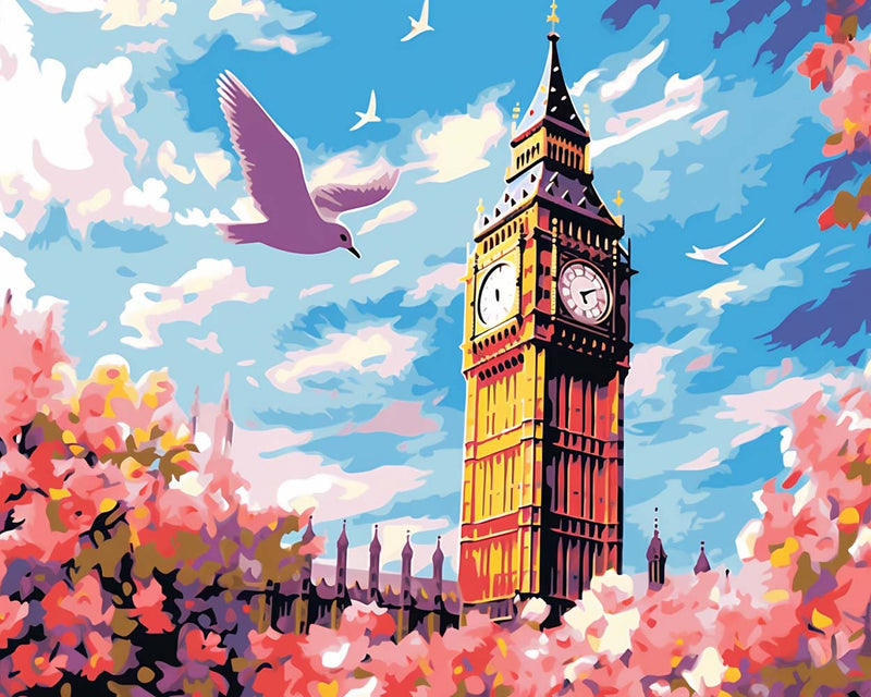 Fleurs Roses et Big Ben Broderie Diamant