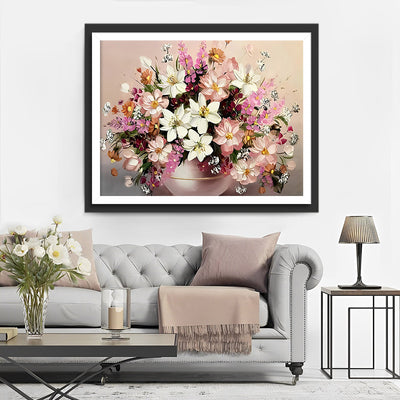 Fleurs Roses et Blanches en pot Broderie Diamant