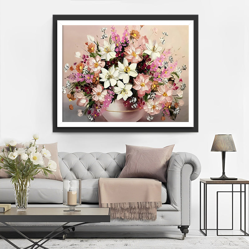 Fleurs Roses et Blanches en pot Broderie Diamant
