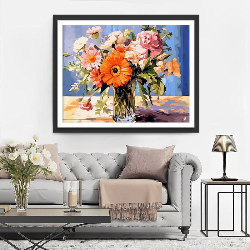 Fleurs Roses et Oranges dans un Vase en Verre Broderie Diamant