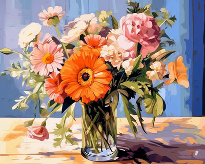 Fleurs Roses et Oranges dans un Vase en Verre Broderie Diamant