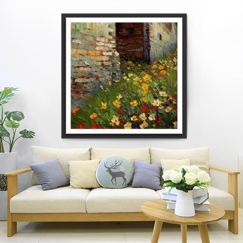 Fleurs Sauvages dans le Coin d’un Mur en Briques Broderie Diamant