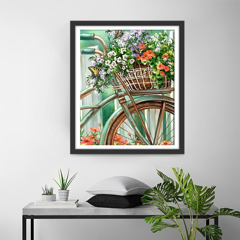 Fleurs Sauvages dans un Panier de Vélo Vert Broderie Diamant