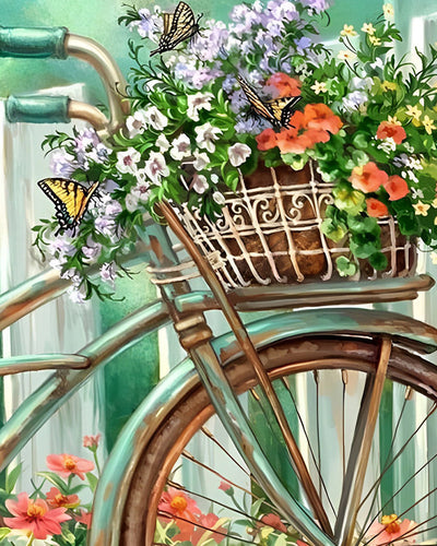Fleurs Sauvages dans un Panier de Vélo Vert Broderie Diamant