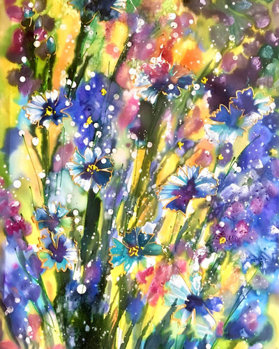 Fleurs Sauvages Pourpres et Jaunes Gribouillees Broderie Diamant