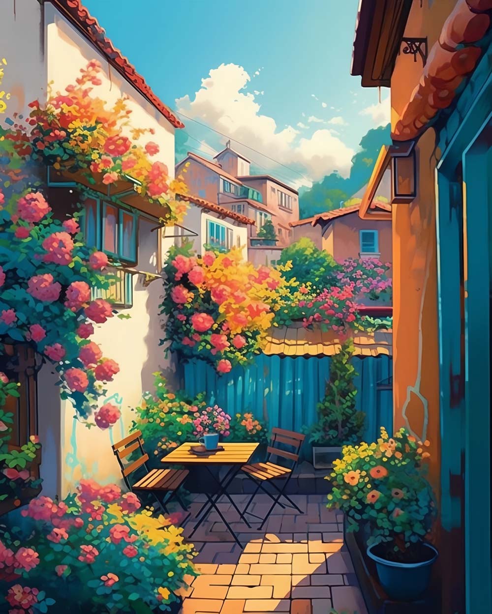 Fleurs, Table et Chaises en Exterieur Broderie Diamant