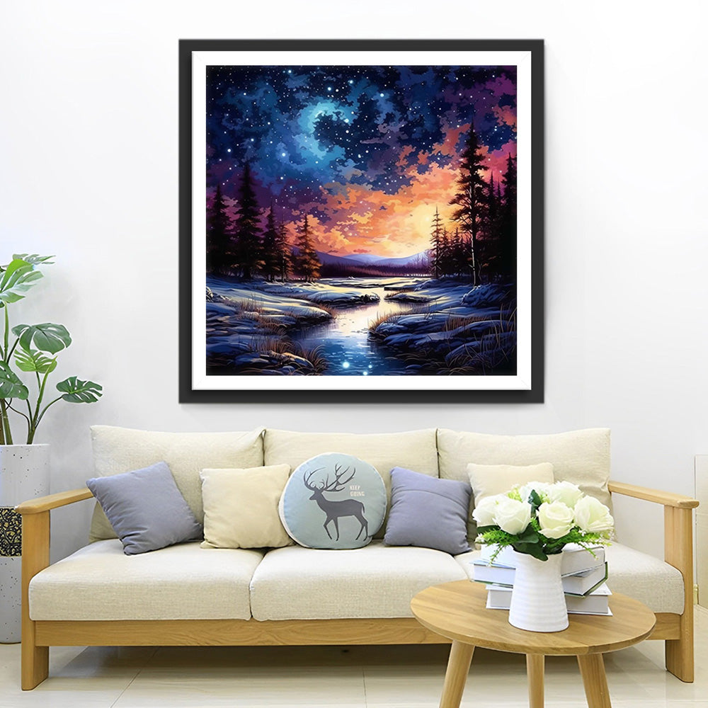 Fleuve sous un Ciel Étoilé Tranquille Broderie Diamant