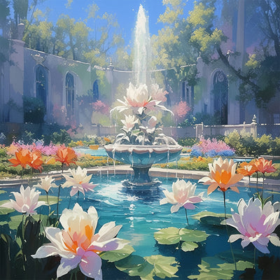 Fontaine dans un Étang de Lotus Broderie Diamant