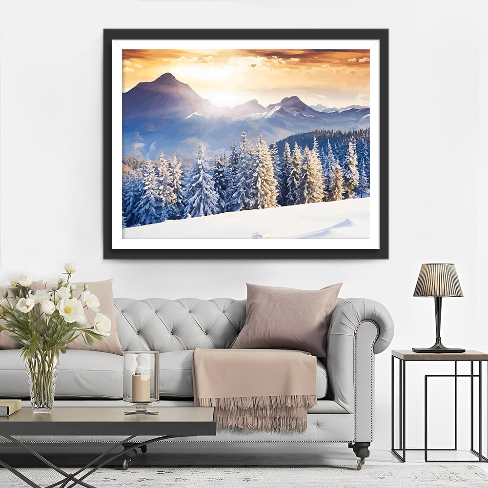 Forêt Enneigée et Montagne de Neige Broderie Diamant