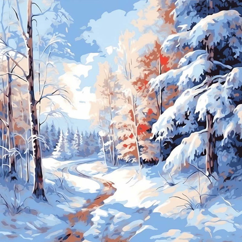 Forêt et Rivière Couvertes de Neige Broderie Diamant