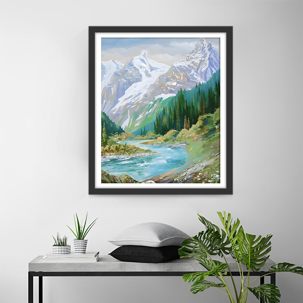 Forêt Verte et Montagne Neigeuse Broderie Diamant