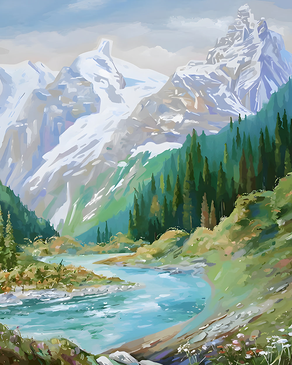 Forêt Verte et Montagne Neigeuse Broderie Diamant