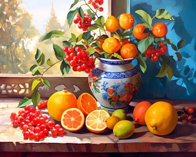 Framboises et Oranges sur le Rebords de la Fenêtre Broderie Diamant
