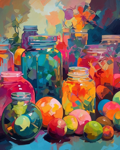 Fruits et Bouteilles en Verre Coloré Broderie Diamant
