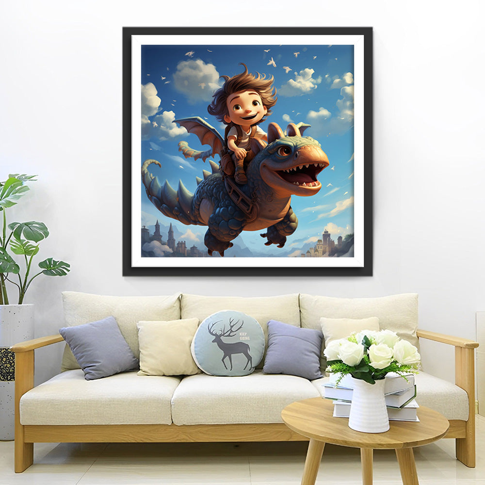 Garcon Chevauchant un Dinosaure Broderie Diamant