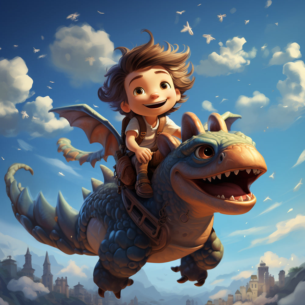 Garcon Chevauchant un Dinosaure Broderie Diamant