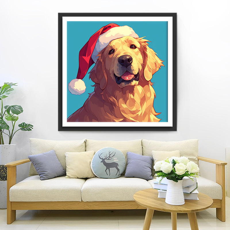 Golden Retriever avec un Bonnet de Noël Rouge Broderie Diamant