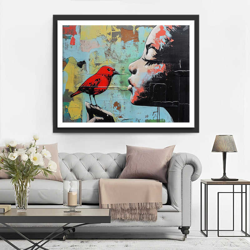 Graffiti Coloré de Fille avec un Oiseau Rouge Broderie Diamant