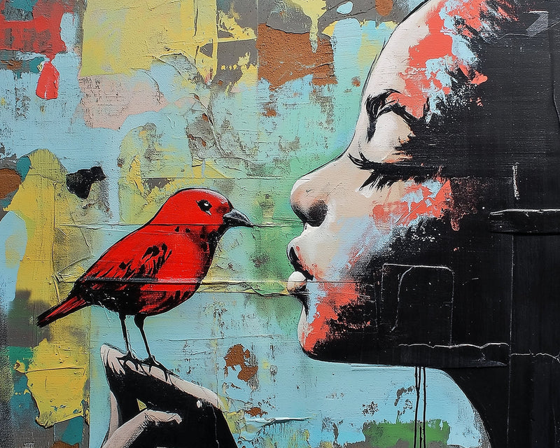 Graffiti Coloré de Fille avec un Oiseau Rouge Broderie Diamant