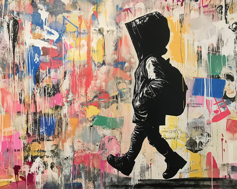 Graffiti Coloré de Petit Garcon Portant un Cartable Broderie Diamant 