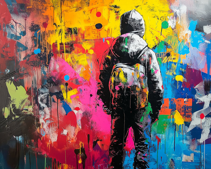 Graffiti Coloré et Homme Portant un Sac à Dos Broderie Diamant