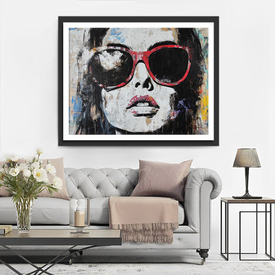 Graffiti de Femme Cool Portant des Lunettes de Soleil Rouges Broderie Diamant