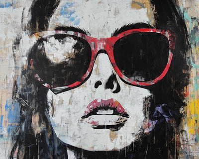 Graffiti de Femme Cool Portant des Lunettes de Soleil Rouges Broderie Diamant
