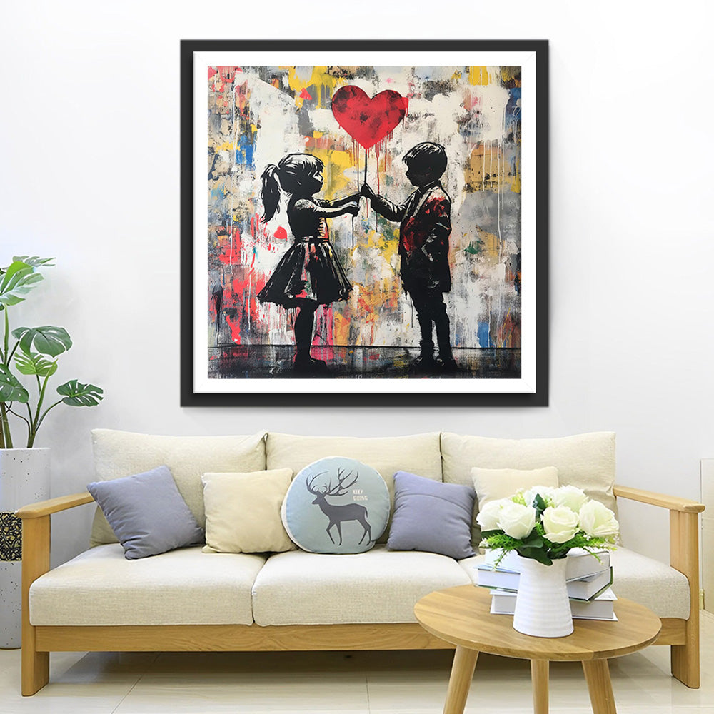 Graffiti d’un Garcon et d’une Fille Tenant un Ballon en Cœur Broderie Diamant