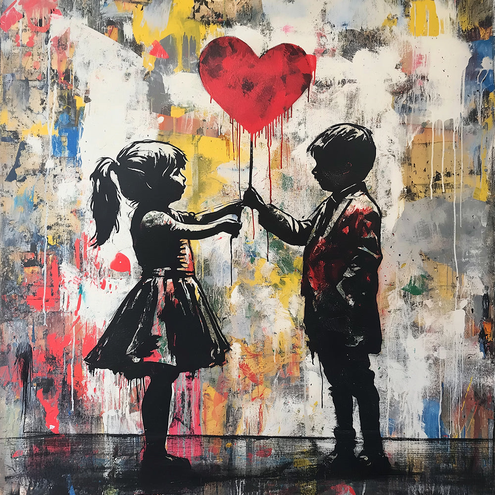 Graffiti d’un Garcon et d’une Fille Tenant un Ballon en Cœur Broderie Diamant