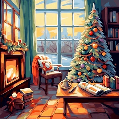 Grand Sapin de Noël près de la Fenêtre Broderie Diamant