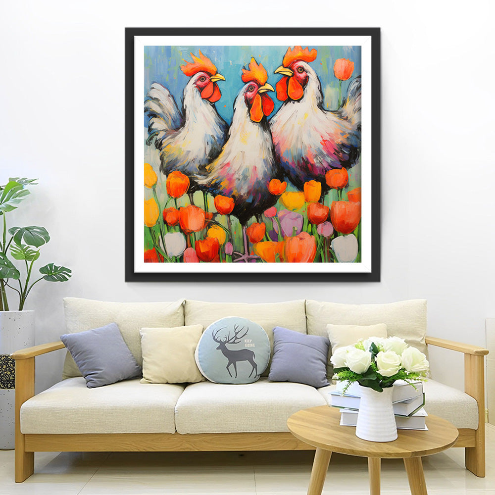 Grands Coqs dans le Jardin de Tulipes Broderie Diamant