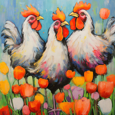Grands Coqs dans le Jardin de Tulipes Broderie Diamant