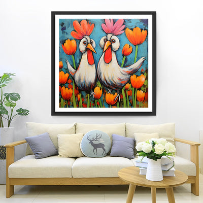 Grands Coqs et Tulipes Broderie Diamant