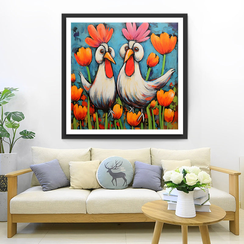 Grands Coqs et Tulipes Broderie Diamant
