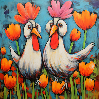 Grands Coqs et Tulipes Broderie Diamant