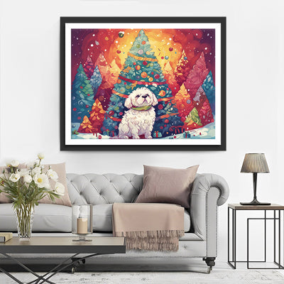 Grands Sapins de Noël et Chiot Blanc Broderie Diamant