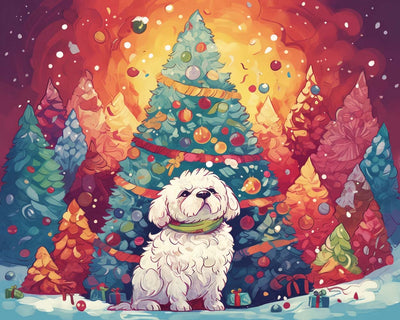 Grands Sapins de Noël et Chiot Blanc Broderie Diamant